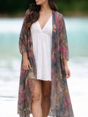 ONE HUNDRED STARS Floral Lightweight Cover-Up Kimono ~ NWT